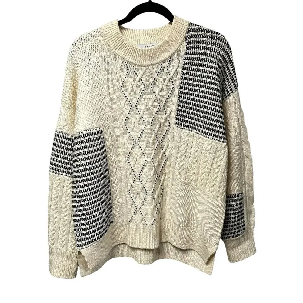 La Ligne Merino Wool Cream Navy Patchwork Crewneck Knit Sweater Womens Large